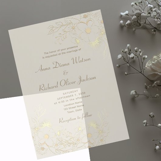 象牙色のゴールドフラワーモチーフのアクリル製結婚式招待状 アクリル招待状