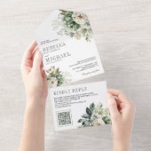 象牙色のバラのセージグリーンの花のQRコードの結婚式 オールインワン招待状 (貼ってはがせる)