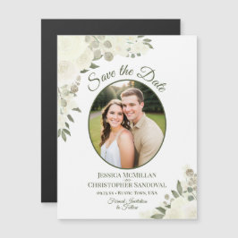 象牙色のホワイトフラワーモチーフのオーバルフォトマグネットの結婚式事前お知らせカード