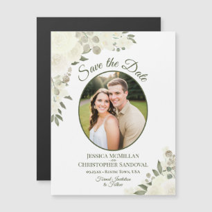 象牙色のホワイトフラワーモチーフのオーバルフォトマグネットの結婚式事前お知らせカード