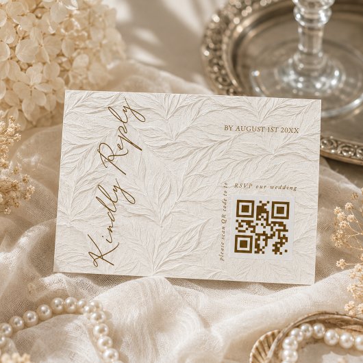 象牙色の葉のエレガントな結婚式QRコード 出欠カード