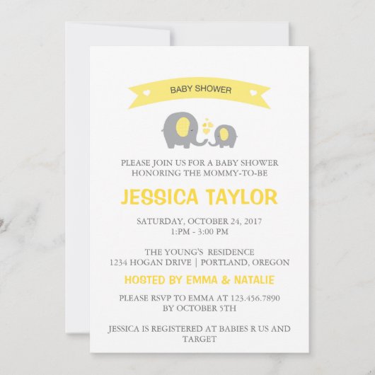 象男女兼用黄赤ちゃんシャワー招待状 招待状 (正面)