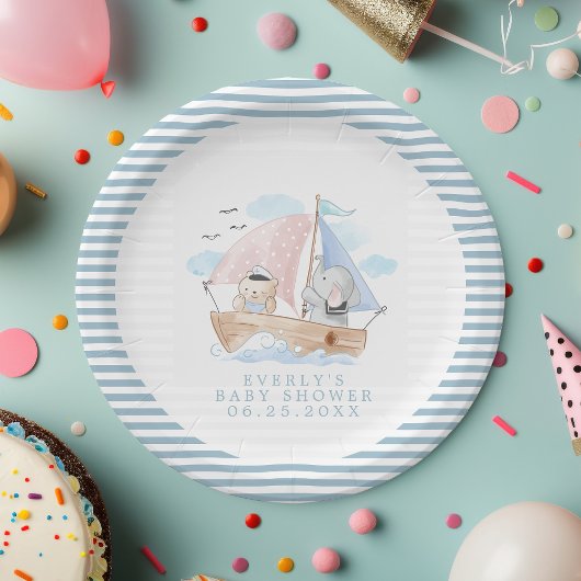 象航海の熊の水色ボート赤ちゃんシャワー ペーパープレート