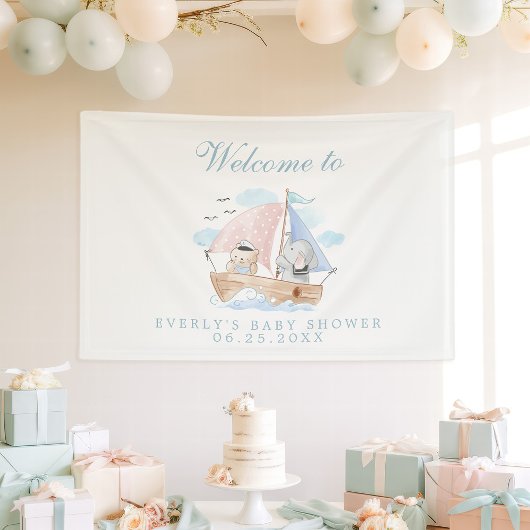 象航海の熊の水色ボート赤ちゃんシャワー 横断幕