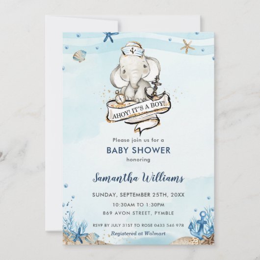 象航海の象アホイ男の子シャワー 招待状 (正面)