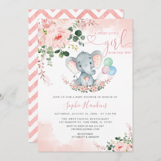 象赤面ピンクスイーツ小さな女の子ベビーシャワー 招待状 (正面/裏面)