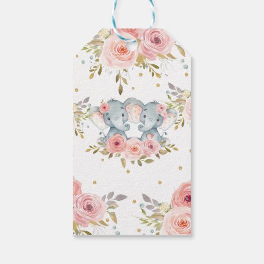 象赤面ピンクフローラツインズベビーシャワーの好意 ギフトタグ (裏面)