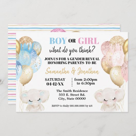象金ゴールドグリッター気球の性別公表 招待状 (正面/裏面)