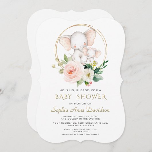 象魅力的ピンクフローラ赤ちゃんシャワー 招待状 (正面/裏面)