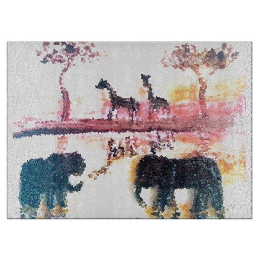 象、キリンのサファリの日没の芸術 カッティングボード (正面)