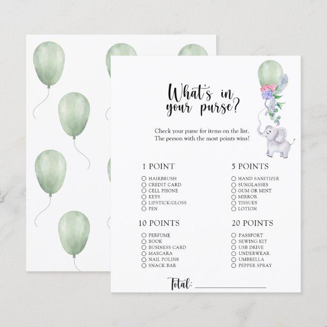 象 – ハンドバッグの赤ちゃんシャワーゲームの中の何 (正面/裏面)