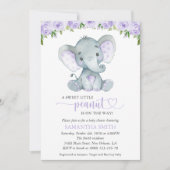 象、パープル・ウォーターカラー・フラワー、ベビーシャワー 招待状 (正面)