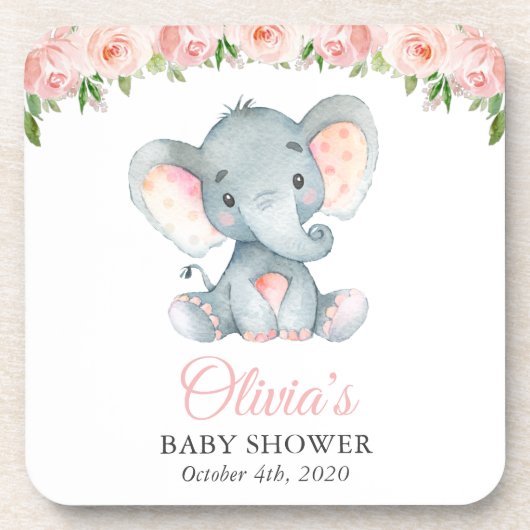 象,ピンクの水色の花,赤ちゃんシャワー コースター (正面)