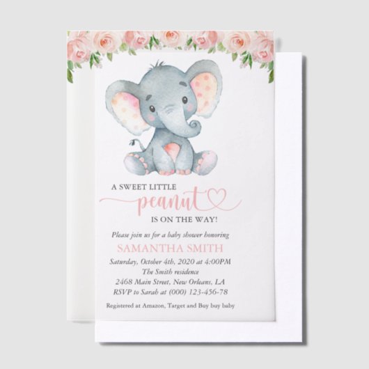 象,ピンクの水色の花,赤ちゃんシャワー ベラム紙招待状 (オフセット)