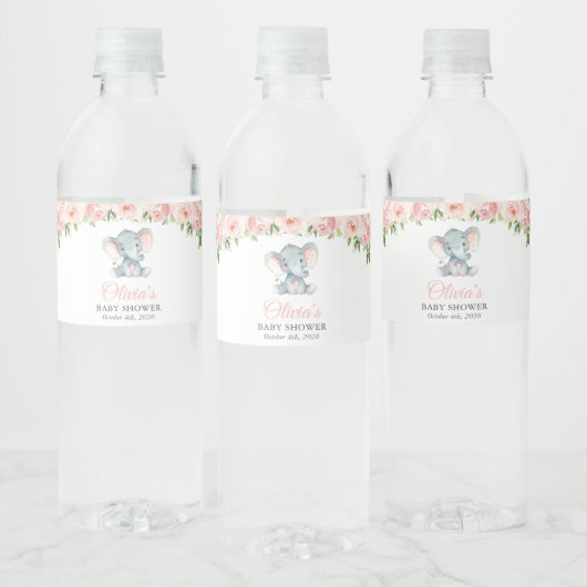 象，ピンクの水色の花，赤ちゃんシャワー ペットボトルラベル (ボトル)