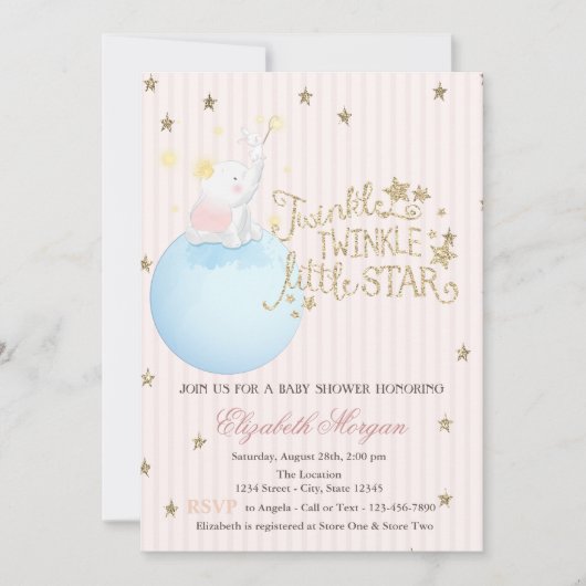 象,月,グリッター星赤ストライプのちゃんシャワー 招待状 (正面)