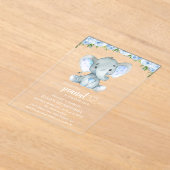 象、青い水彩花、最初の誕生日 アクリル招待状 (レイダウン)