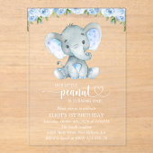 象、青い水彩花、最初の誕生日 アクリル招待状 (正面)