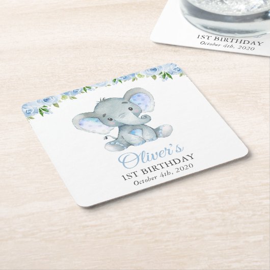象、青い水彩花、最初の誕生日 スクエアペーパーコースター (アングル)