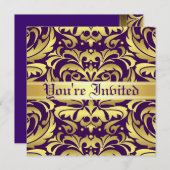 豪奢な金ゴールドの金属のダマスク織紫色スクロール招待状 招待状 (正面/裏面)