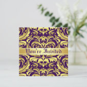 豪奢な金ゴールドの金属のダマスク織紫色スクロール招待状 招待状 (スタンド正面)