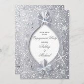 豪華で洗練されたエレガントな銀の輝きとダイヤモンドのボウ 招待状 (正面/裏面)