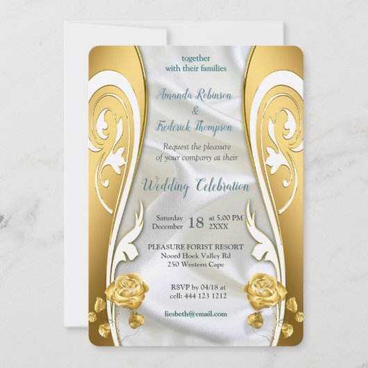 豪華で白いシルクの流れと白いバラ 招待状 (正面)