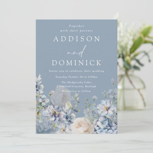 豪華なほこりっぽい青い花エレガントな結婚式 招待状 (スタンド正面)