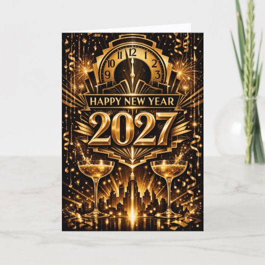 豪華なアールデコ調の都市の新年 2027 シーズンカード (正面)