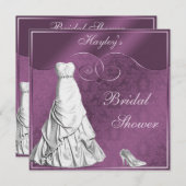 豪華なウェディングドレス 紫のブライダルシャワー 招待状 (正面/裏面)