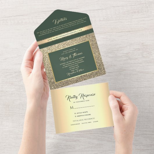 豪華なエメラルドグリーンとゴールドのフォトウェディング オールインワン招待状 (貼ってはがせる)
