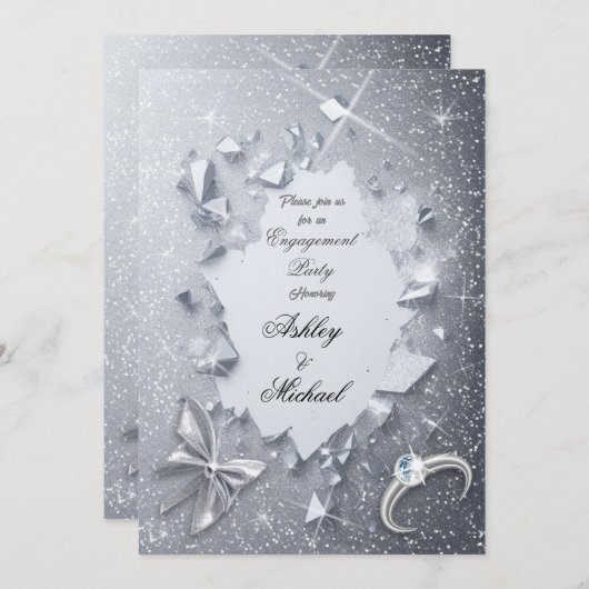 豪華なエレガントな銀の輝きに満ちた婚約パーティー 招待状 (正面/裏面)