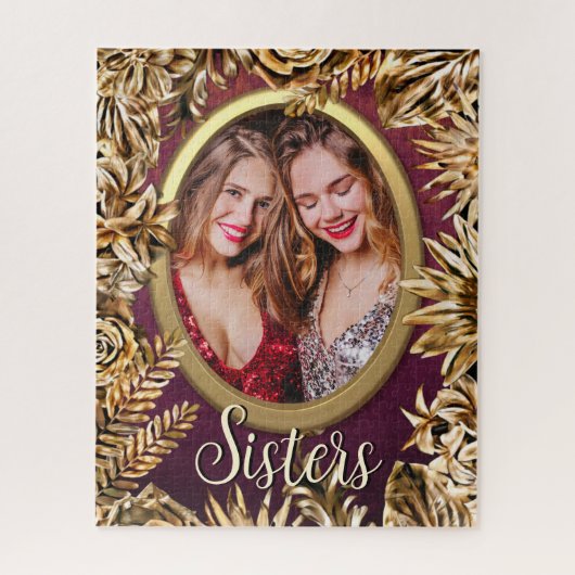 豪華なエレガント金ゴールドの花あなたのフォトシスターを追加 ジグソーパズル (縦)