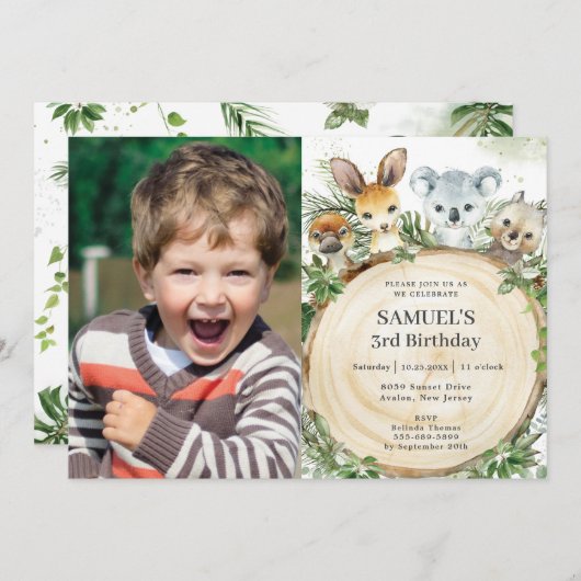 豪華なオーストラリアの動物素朴の木の誕生日写真 招待状 (正面/裏面)