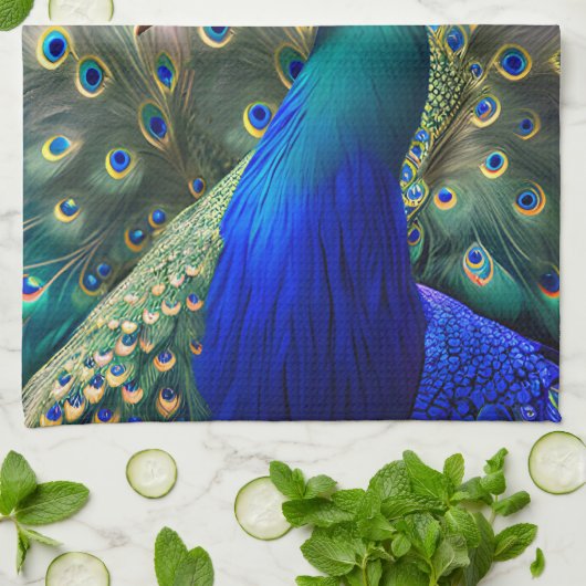 豪華なクジャクでティール(緑がかった色)と金ゴールド羽毛 キッチンタオル (折り畳み)