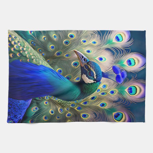 豪華なクジャクでティール(緑がかった色)と金ゴールド羽毛 キッチンタオル (横)