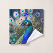 豪華なクジャクでティール(緑がかった色)と金ゴールド羽毛 バスタオルセット (ウォッシュタオル)