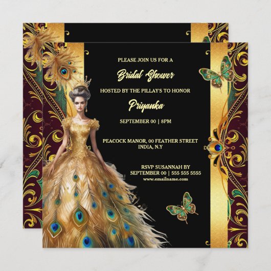 豪華なクジャックボールガウン羽毛金ゴールドブラックシック シーズンカード (正面/裏面)