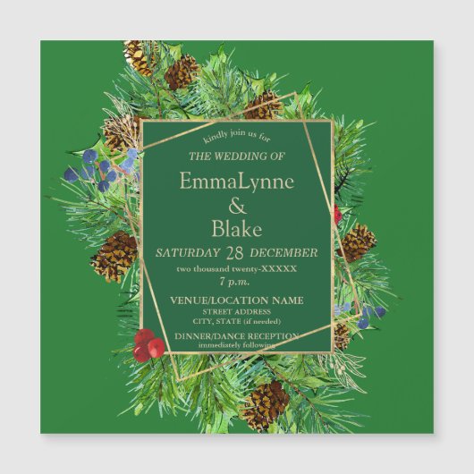 豪華なクリスマスグリーン結婚金ゴールド マグネット招待状 (正面)