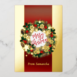 豪華なクリスマスリースのパーソナル化可能な金ゴールド 箔シーズンカード
