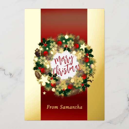豪華なクリスマスリースのパーソナル化可能な金ゴールド 箔シーズンカード (正面)