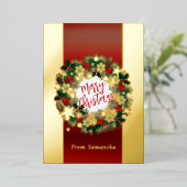 豪華なクリスマスリースのパーソナル化可能な金ゴールド 箔シーズンカード (立ち正面)