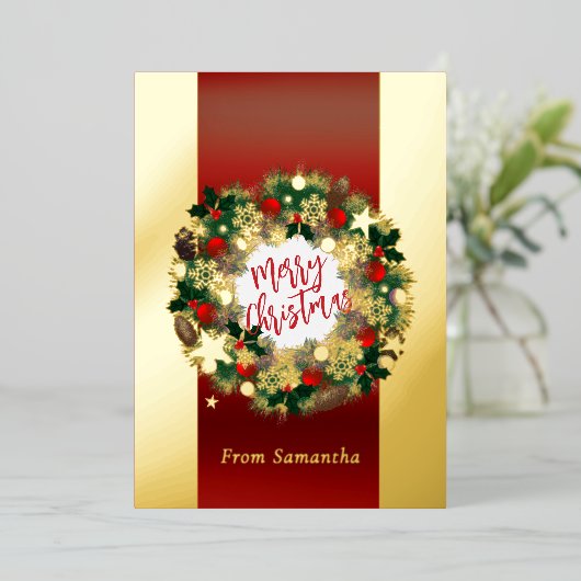 豪華なクリスマスリースのパーソナル化可能な金ゴールド 箔シーズンカード (立ち正面)
