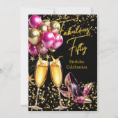 豪華なグリッター ホットピンク ゴールド ヒール シャンパン 招待状 (正面)