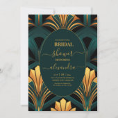 豪華なグリーンとゴールドのアートデコのウェディングドレス 招待状 (正面)