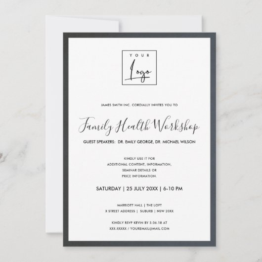 豪華なグレーの青いシルクのあなたのロゴ ワークショップ ガラ イベント 招待状 (正面)