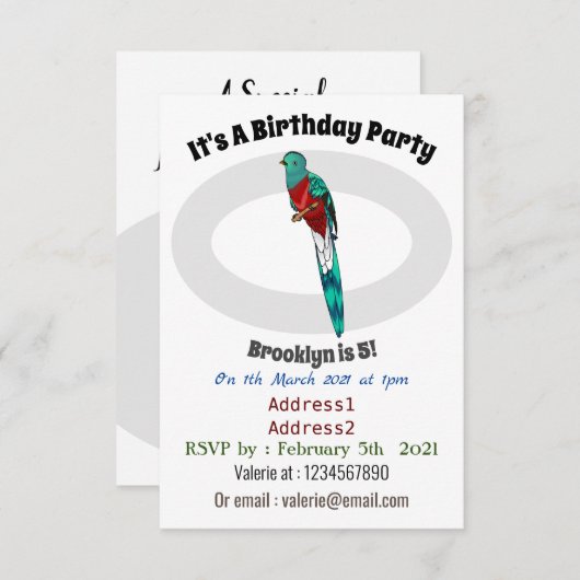 豪華なケツァル鳥の漫画イラストレーション 招待状 (正面/裏面)