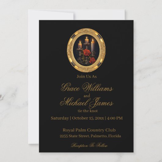 豪華なゴシック様式のキャンドル&バラ 招待状 (正面)