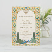 豪華なゴージャスな黄色と緑のインドのメンディ式 招待状 (スタンド正面)