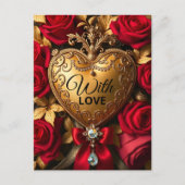 豪華なゴールデンハートに赤いバラとリボン ポストカード (正面)